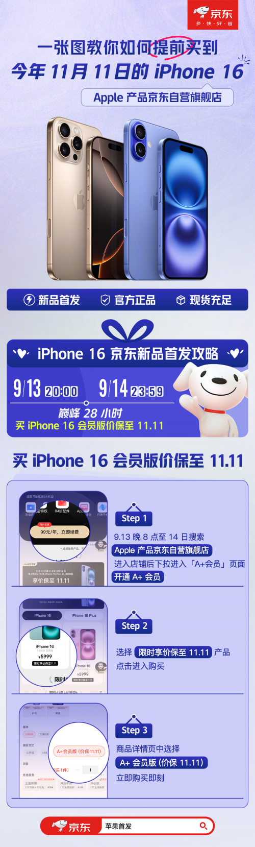 洞察消费需求 京东购买iPhone 16 A+会员版直接价保11.11